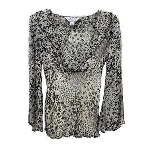 ALLISON TAYLOR Women's 100% Silk Ruffle Blouse Black White Floral Lined Large